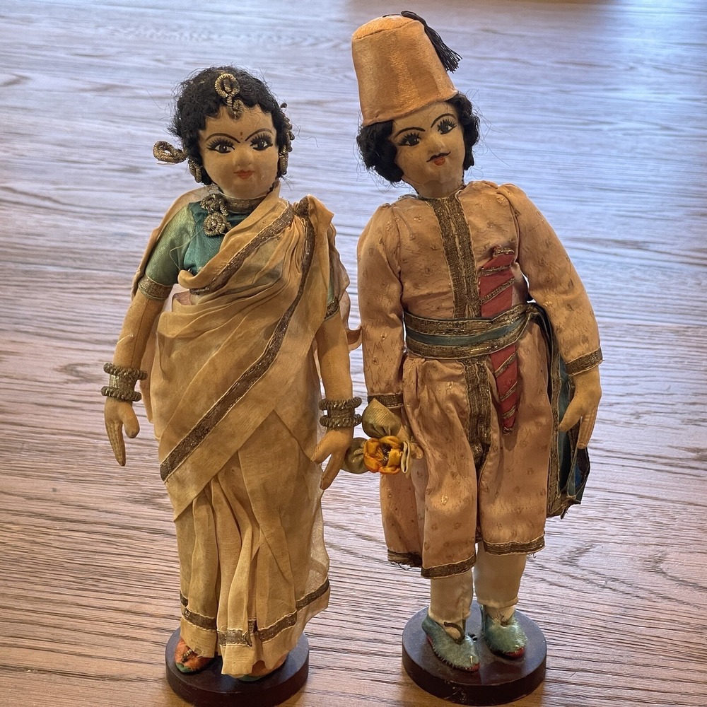 Laxmi Indian India Cloth Dolls Male & Female Couple Bouillon Thread Silk Vintage